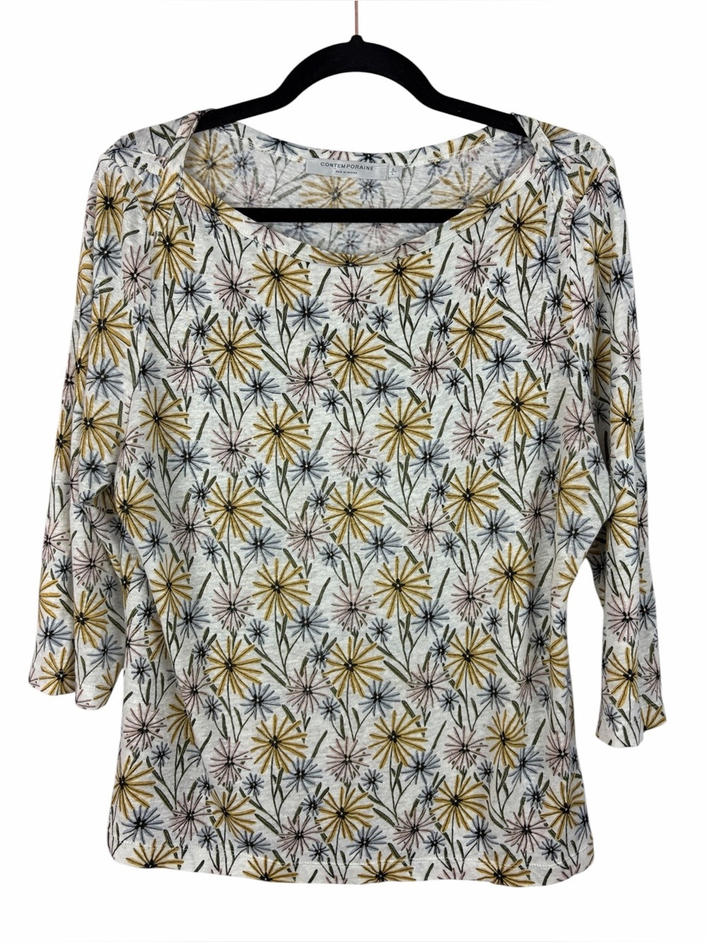 Contemporaine Simons Linen Floral Print Top Large 3/4 Sleeve Lightweight